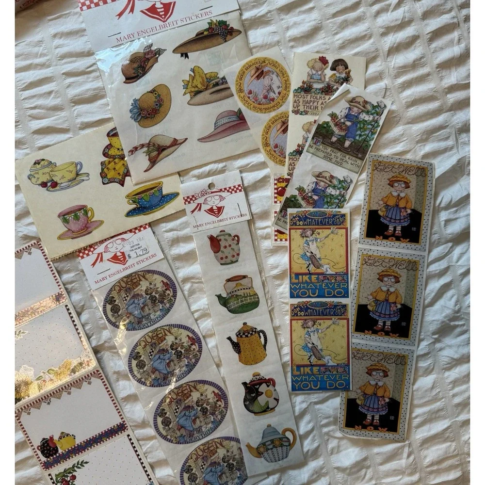 Large Lot Of Mary Engelbreit Stickers Ribbons Paper dolls Books Cards Napkins